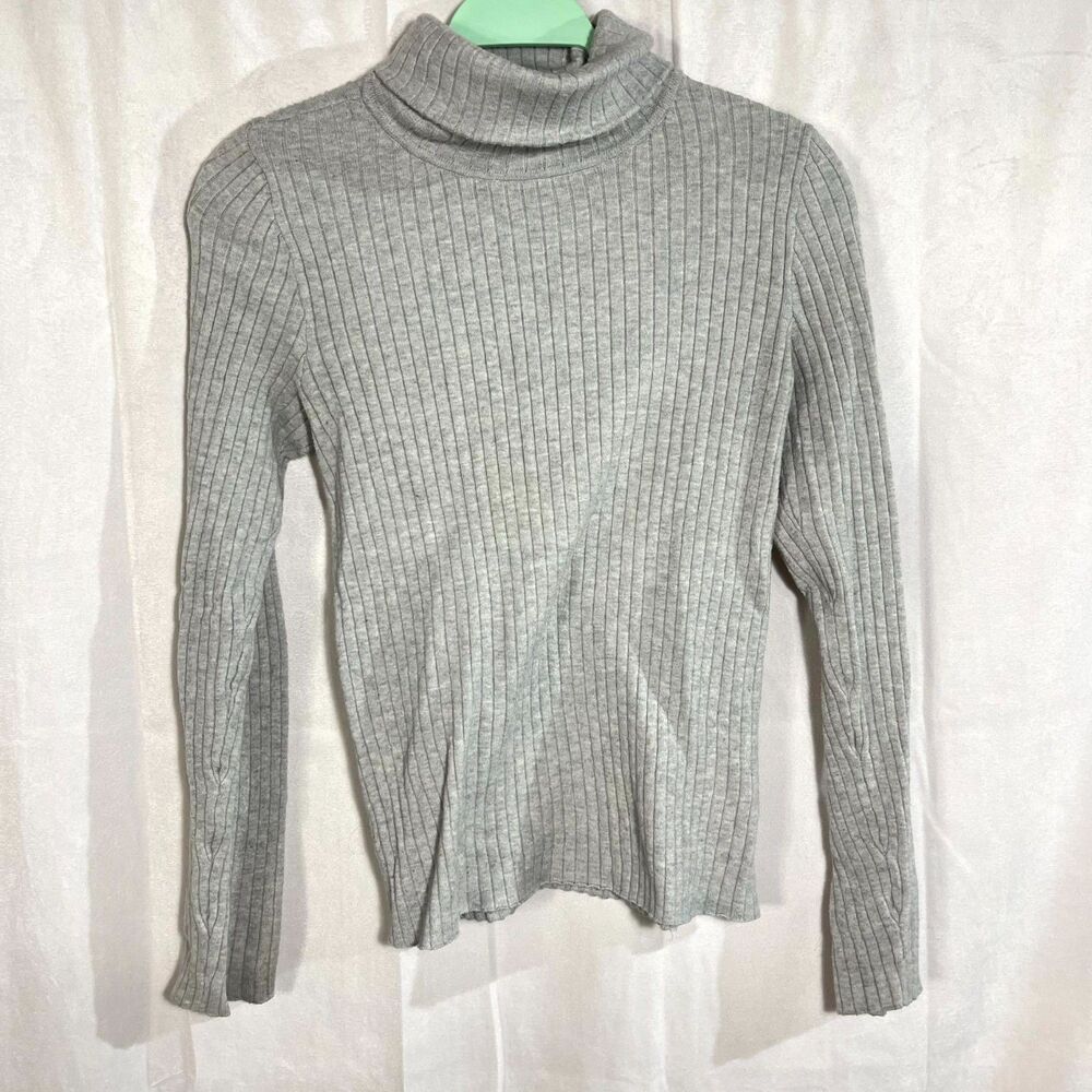 Croft & Barrow Womens Gray Ribbed Turtleneck Sweater Small Button Cuff Detail